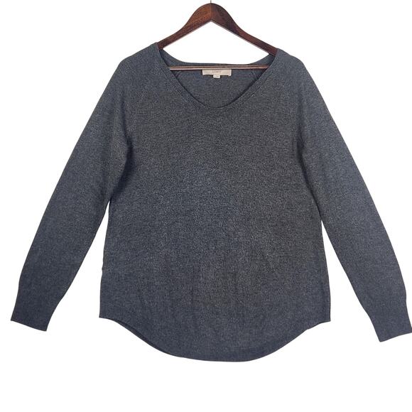 LOFT Pullover Sweater Women’s SZ L Charcoal Gray Long Sleeve V- Neck Knit EUC - Picture 1 of 13